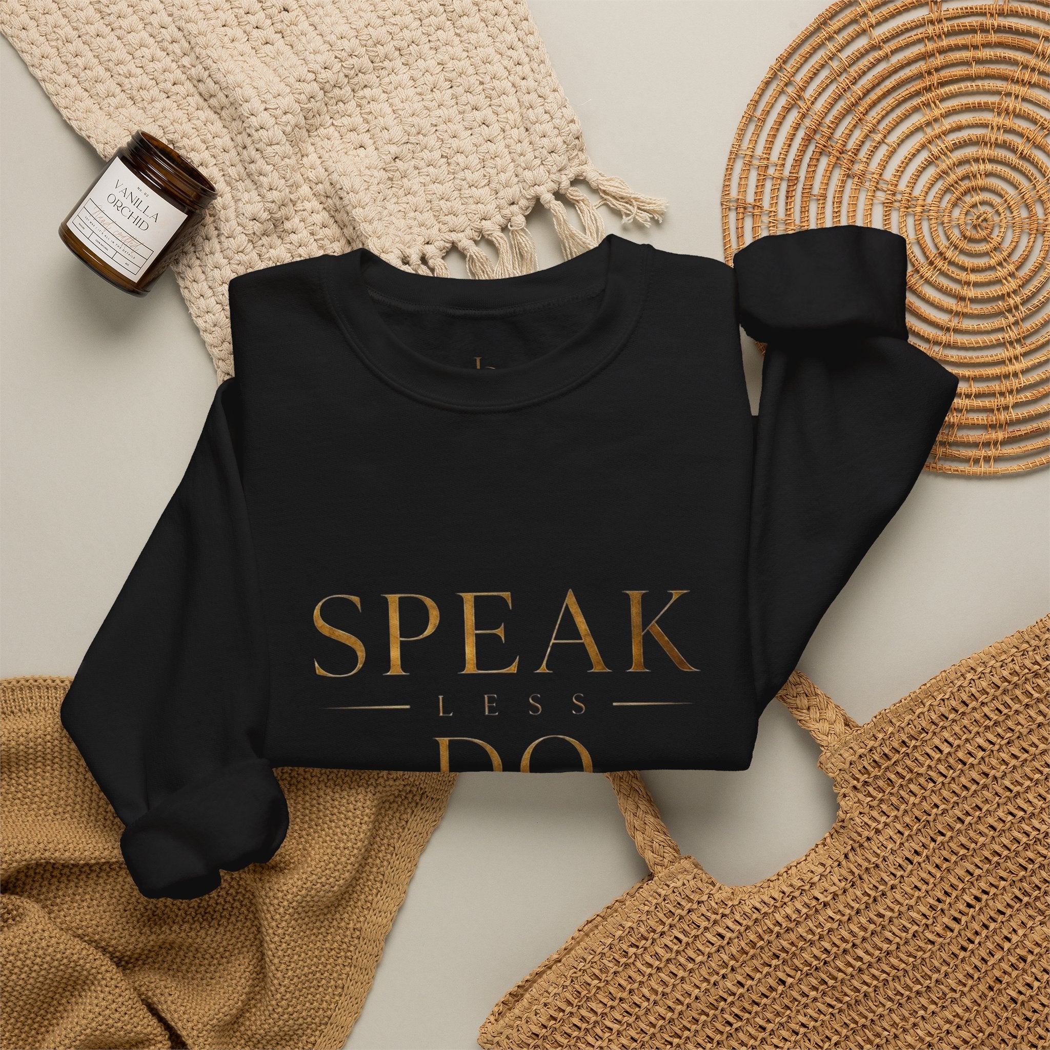 Crewneck Sweatshirt — "Speak Less, Do More - Gold" Minimalist Motivational Pullover
