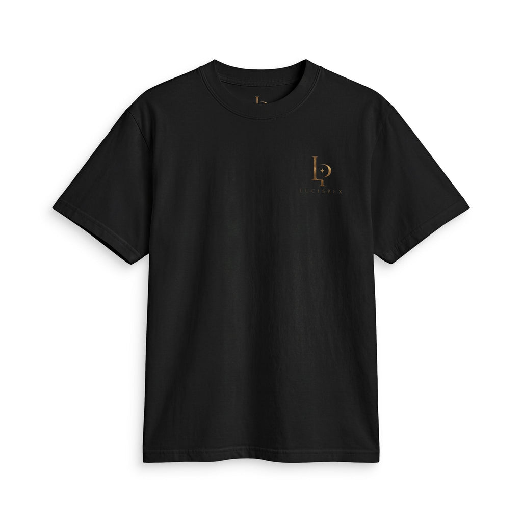 Minimal Black Logo Lucispex T‑Shirt — Small Gold LB Chest Print