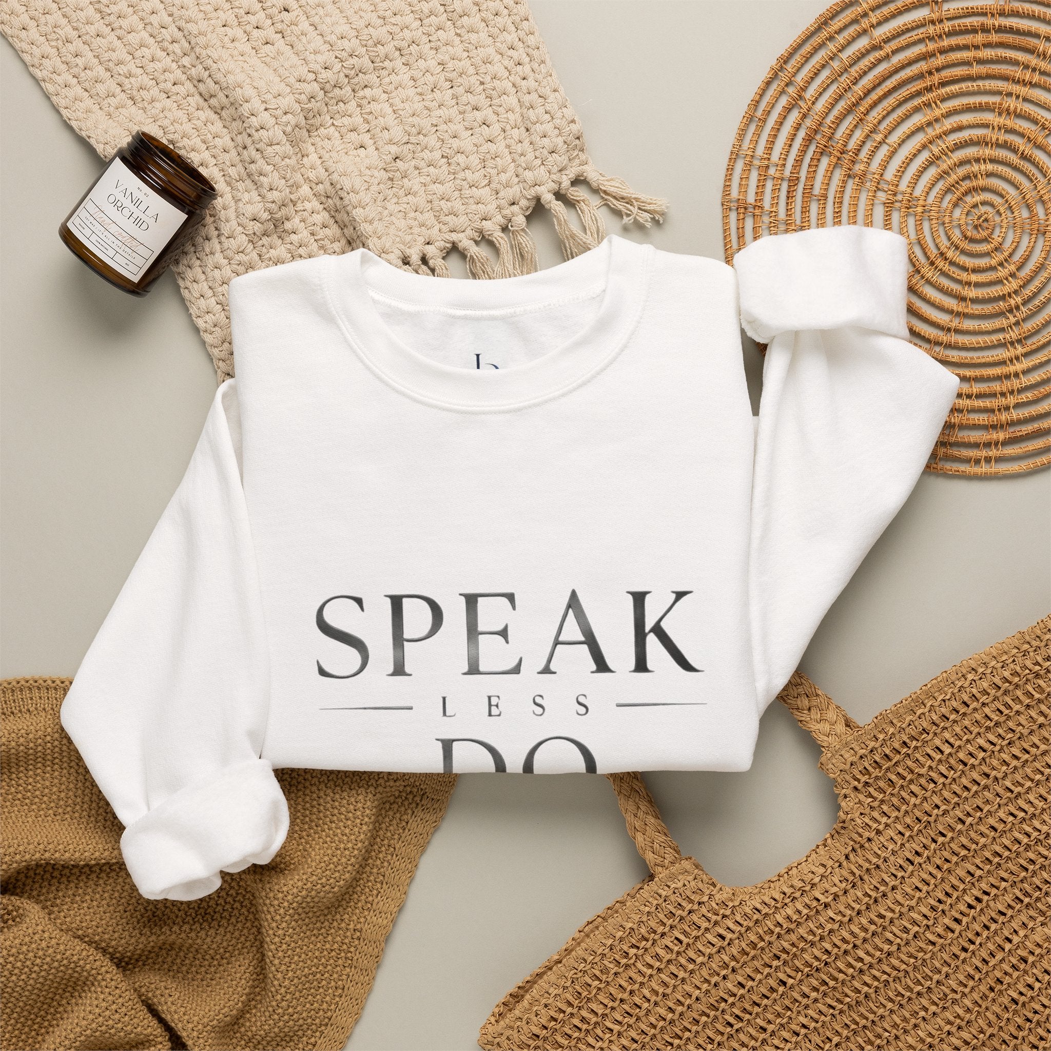 Crewneck Sweatshirt — "Speak Less Do More - Silver" Minimalist Motivational Pullover
